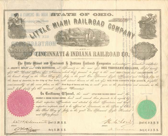 Little Miami and Cincinnati and Indiana Railroad Companies - Bond (Uncanceled)